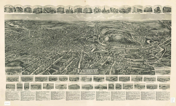 24" x 16" / Unframed Cutler West Aero View Of Fitchburg Massachusetts 1915  State Of Massachusetts