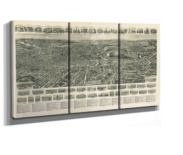 36" x 24" / 3 Panel Canvas Wrap Cutler West Aero View Of Fitchburg Massachusetts 1915  State Of Massachusetts