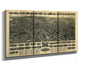 36" x 24" / 3 Panel Canvas Wrap Cutler West Aero View Of Meriden Connecticut 1918  State Of Connecticut