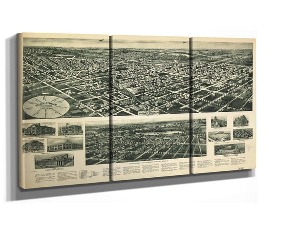 36" x 24" / 3 Panel Canvas Wrap Cutler West Aero View Of Valley Stream Long Island 1924  State Of New York