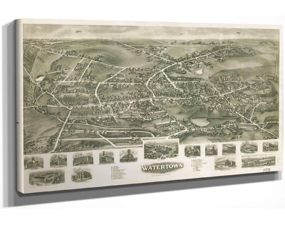 24" x 16" / Stretched Canvas Wrap Cutler West Aero View Of Watertown Connecticut 1918  State Of Connecticut