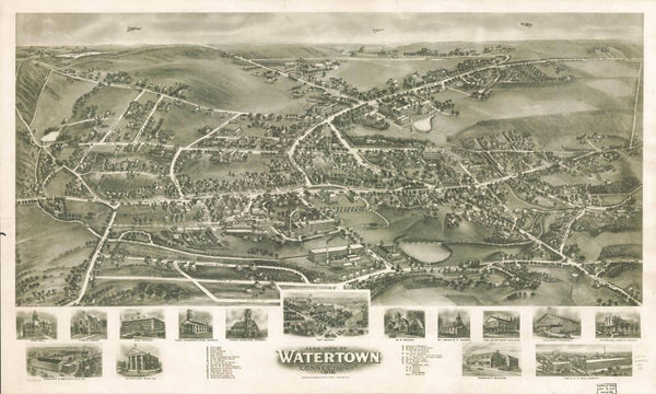 24" x 16" / Unframed Cutler West Aero View Of Watertown Connecticut 1918  State Of Connecticut