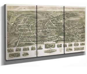 36" x 24" / 3 Panel Canvas Wrap Cutler West Aero View Of Watertown Connecticut 1918  State Of Connecticut