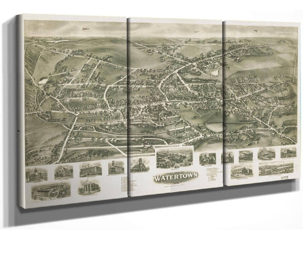 36" x 24" / 3 Panel Canvas Wrap Cutler West Aero View Of Watertown Connecticut 1918  State Of Connecticut