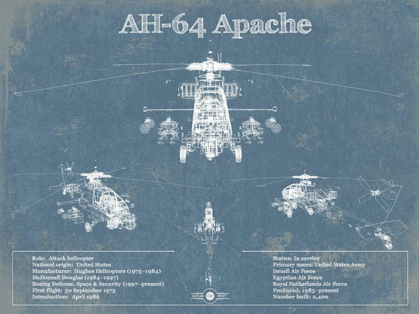 14" x 11" / Unframed Cutler West AH-64 Apache Helicopter Vintage Aviation Blueprint Military Print