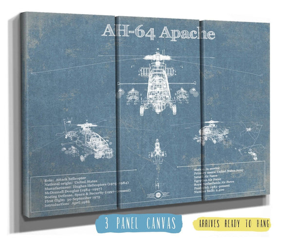 36" x 24" / 3 Panel Canvas Wrap Cutler West AH-64 Apache Helicopter Vintage Aviation Blueprint Military Print