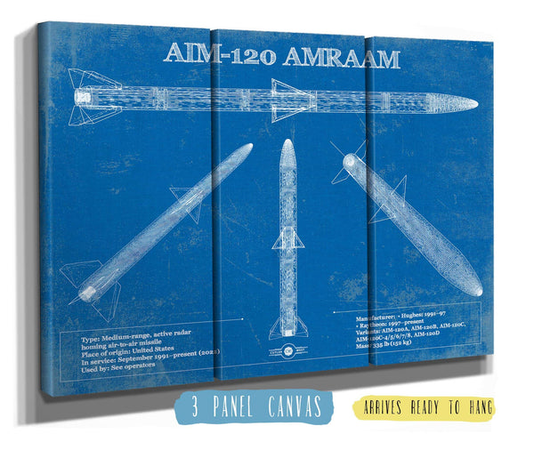 36" x 24" / 3 Panel Canvas Wrap Cutler West AIM-120 AMRAAM Blueprint Vintage Missile Print