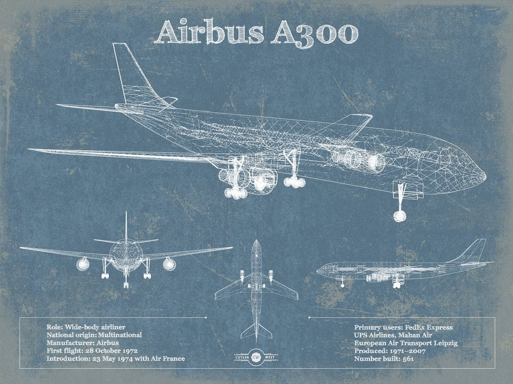 14" x 11" / Stretched Canvas Wrap Cutler West Airbus A300 Vintage Aviation Blueprint Print