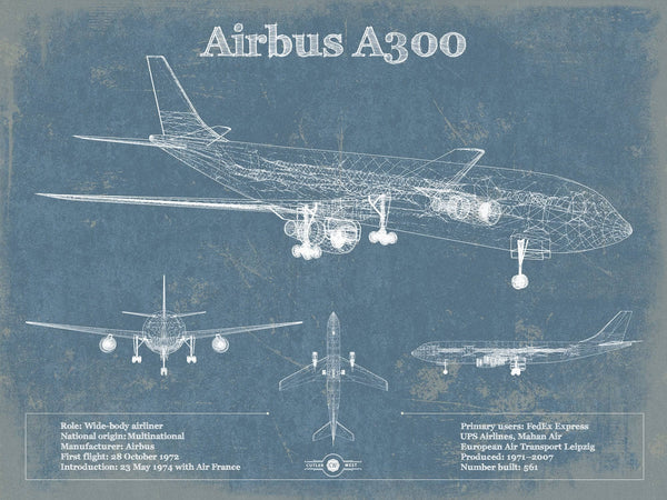 14" x 11" / Unframed Cutler West Airbus A300 Vintage Aviation Blueprint Print