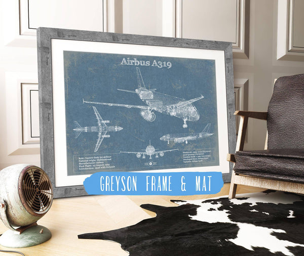 14" x 11" / Greyson Frame & Mat Cutler West Airbus A319 Vintage Aviation Blueprint Print