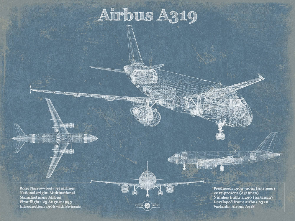 14" x 11" / Stretched Canvas Wrap Cutler West Airbus A319 Vintage Aviation Blueprint Print
