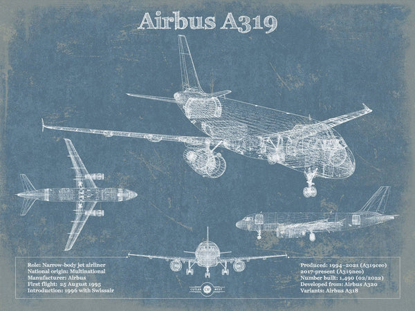 14" x 11" / Unframed Cutler West Airbus A319 Vintage Aviation Blueprint Print