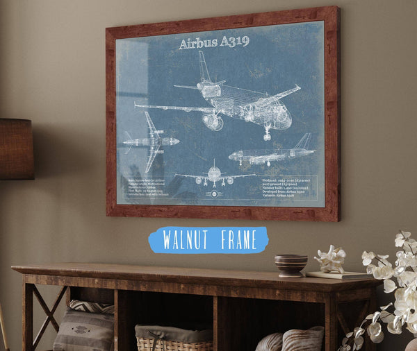 20" x 16" / Walnut Frame Cutler West Airbus A319 Vintage Aviation Blueprint Print