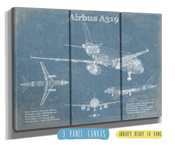36" x 24" / 3 Panel Canvas Wrap Cutler West Airbus A319 Vintage Aviation Blueprint Print