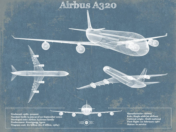 14" x 11" / Unframed Cutler West Airbus A320 Vintage Aviation Blueprint Print
