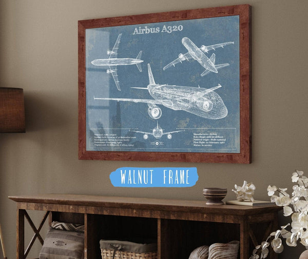 20" x 16" / Walnut Frame Cutler West Airbus A320 Vintage Aviation Blueprint Print