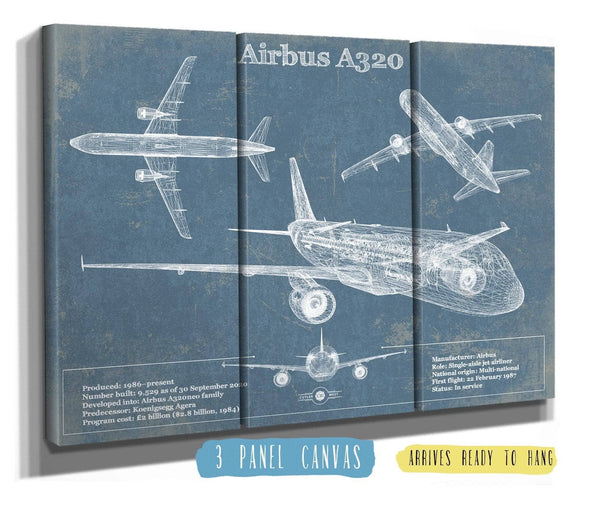 36" x 24" / 3 Panel Canvas Wrap Cutler West Airbus A320 Vintage Aviation Blueprint Print