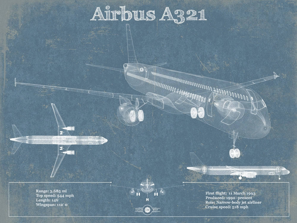 14" x 11" / Stretched Canvas Wrap Cutler West Airbus A321 Vintage Aviation Blueprint Print