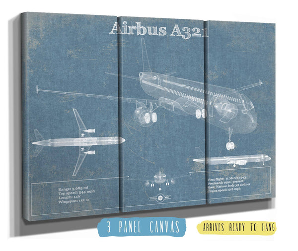36" x 24" / 3 Panel Canvas Wrap Cutler West Airbus A321 Vintage Aviation Blueprint Print