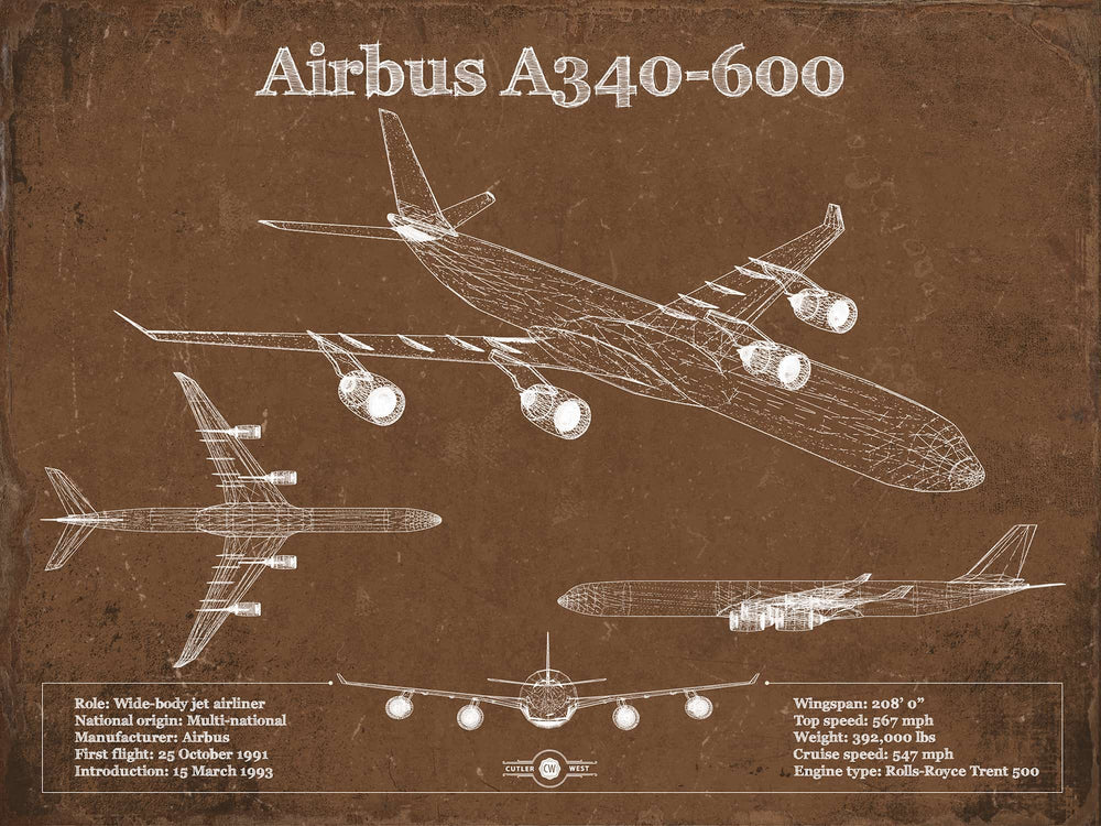 14" x 11" / Stretched Canvas Wrap Cutler West Airbus A340-600 Vintage Aviation Blueprint Print - Custom Pilot Name Can Be Added