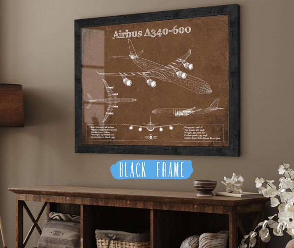 20" x 16" / Black Frame Cutler West Airbus A340-600 Vintage Aviation Blueprint Print - Custom Pilot Name Can Be Added
