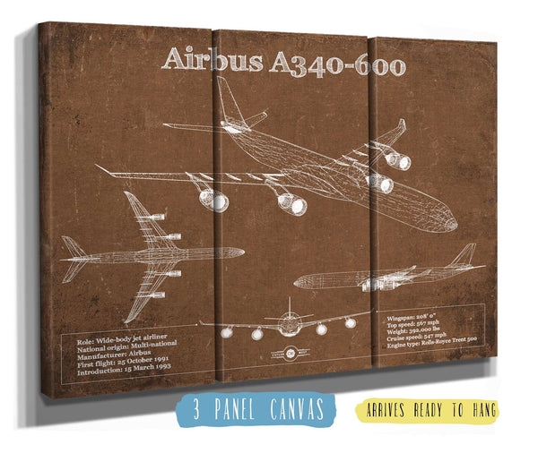 36" x 24" / 3 Panel Canvas Wrap Cutler West Airbus A340-600 Vintage Aviation Blueprint Print - Custom Pilot Name Can Be Added