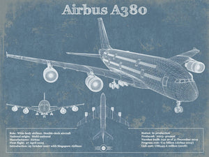 14" x 11" / Unframed Cutler West Airbus A380 Vintage Aviation Blueprint Print - Custom Pilot Name can be Added