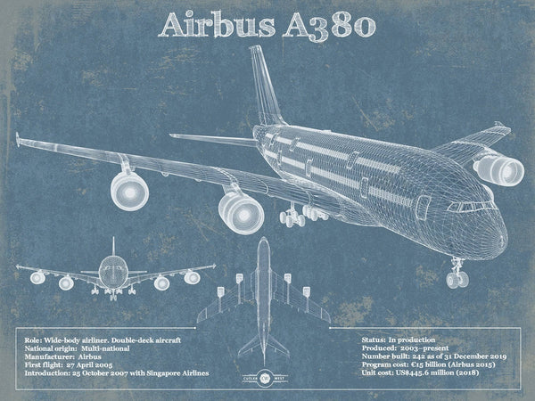 14" x 11" / Unframed Cutler West Airbus A380 Vintage Aviation Blueprint Print - Custom Pilot Name can be Added