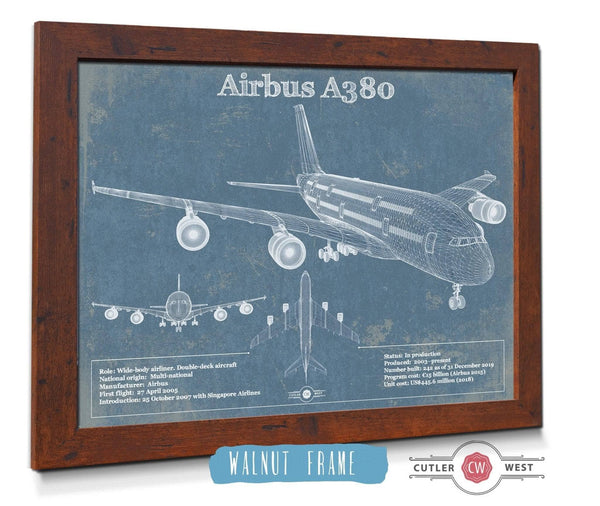 20" x 16" / Walnut Frame Cutler West Airbus A380 Vintage Aviation Blueprint Print - Custom Pilot Name can be Added