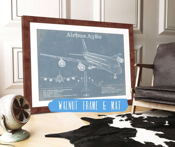 20" x 16" / Walnut Frame & Mat Cutler West Airbus A380 Vintage Aviation Blueprint Print - Custom Pilot Name can be Added