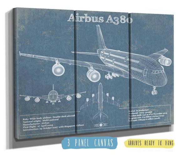 36" x 24" / 3 Panel Canvas Wrap Cutler West Airbus A380 Vintage Aviation Blueprint Print - Custom Pilot Name can be Added
