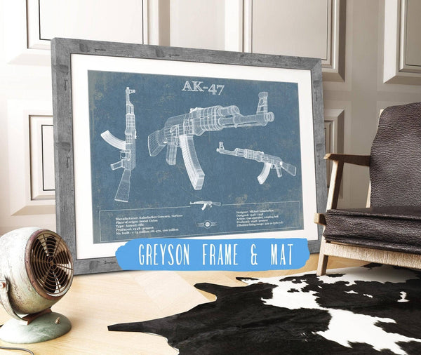 14" x 11" / Greyson Frame & Mat Cutler West AK-47 Blueprint Vintage Gun Print