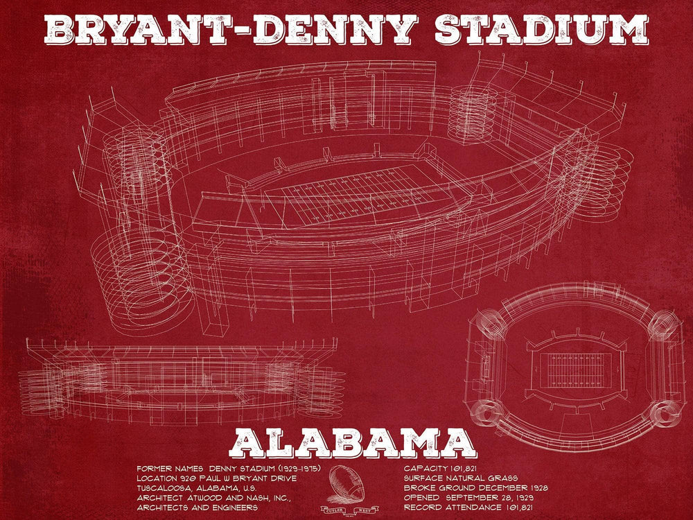 14" x 11" / Stretched Canvas Wrap Cutler West Alabama Crimson Tide Stadium Art - Bryant-Denny Stadium Vintage Seating Chart
