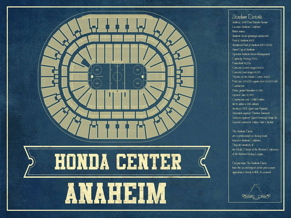 14" x 11" / Unframed Cutler West Anaheim Ducks - Honda Center Vintage Hockey Blueprint NHL Print