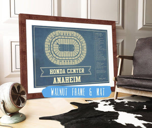 20" x 16" / Walnut Frame & Mat Cutler West Anaheim Ducks - Honda Center Vintage Hockey Blueprint NHL Print