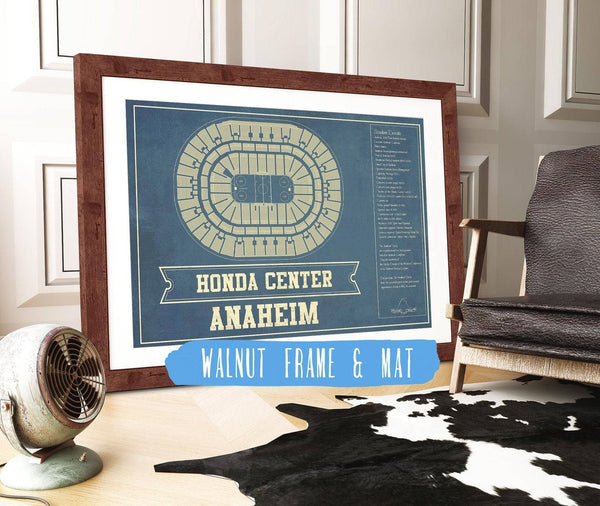 20" x 16" / Walnut Frame & Mat Cutler West Anaheim Ducks - Honda Center Vintage Hockey Blueprint NHL Print