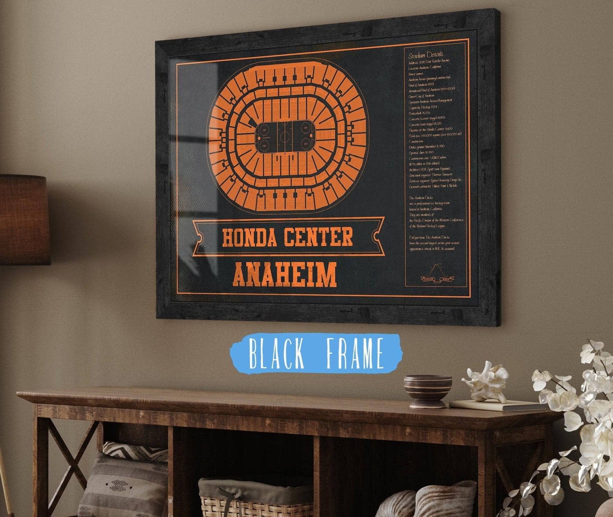 Cutler West 14" x 11" / Black Frame Anaheim Ducks Team Colors - Honda Center Vintage Hockey Blueprint NHL Print 933350180_78280