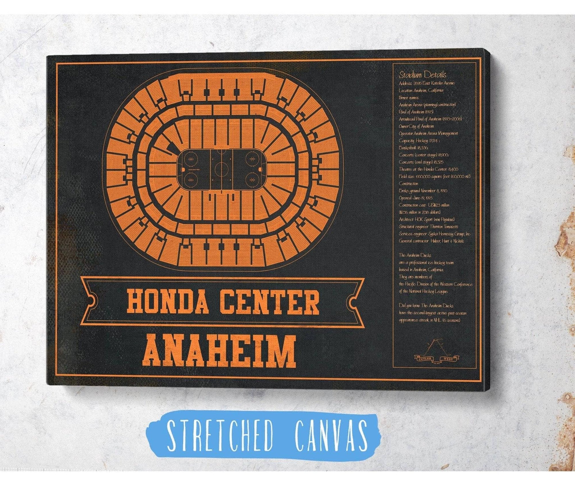 Cutler West Anaheim Ducks Team Colors - Honda Center Vintage Hockey Blueprint NHL Print