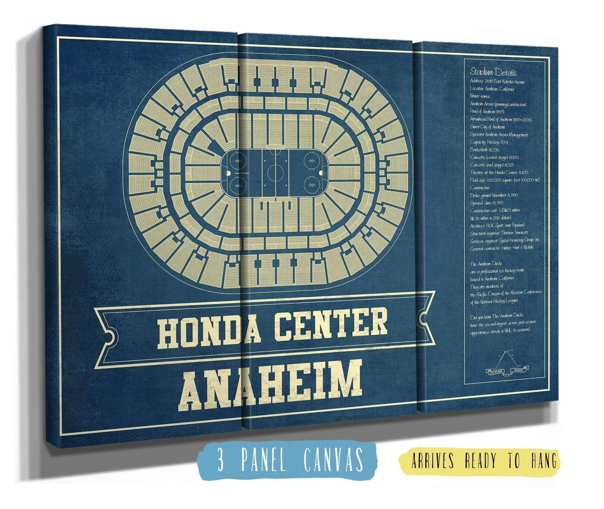 Cutler West 48" x 32" / 3 Panel Canvas Wrap Anaheim Ducks - Honda Center Vintage Hockey Blueprint NHL Print 933350178_77933