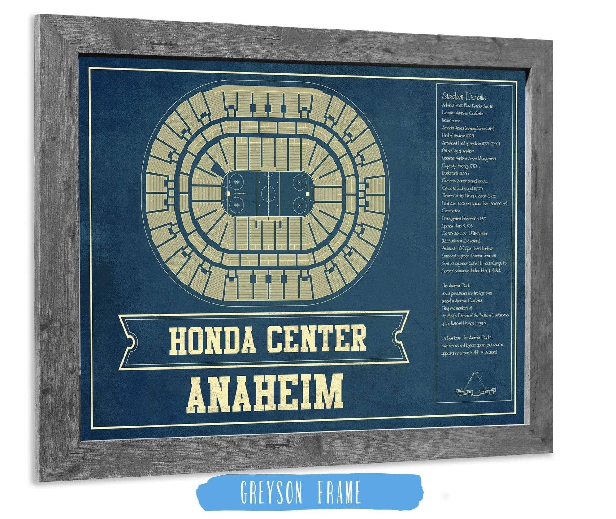 Cutler West 14" x 11" / Greyson Frame Anaheim Ducks - Honda Center Vintage Hockey Blueprint NHL Print 933350178_77890