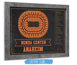 14" x 11" / Greyson Frame Cutler West Anaheim Ducks Team Colors - Honda Center Vintage Hockey Blueprint NHL Print