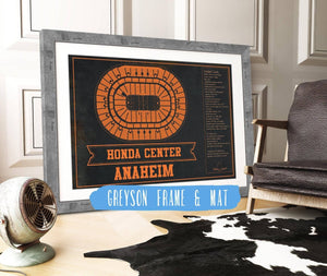 14" x 11" / Greyson Frame & Mat Cutler West Anaheim Ducks Team Colors - Honda Center Vintage Hockey Blueprint NHL Print