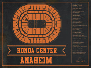 14" x 11" / Unframed Cutler West Anaheim Ducks Team Colors - Honda Center Vintage Hockey Blueprint NHL Print