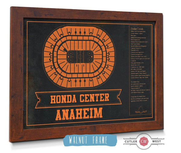 20" x 16" / Walnut Frame Cutler West Anaheim Ducks Team Colors - Honda Center Vintage Hockey Blueprint NHL Print