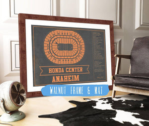 20" x 16" / Walnut Frame & Mat Cutler West Anaheim Ducks Team Colors - Honda Center Vintage Hockey Blueprint NHL Print