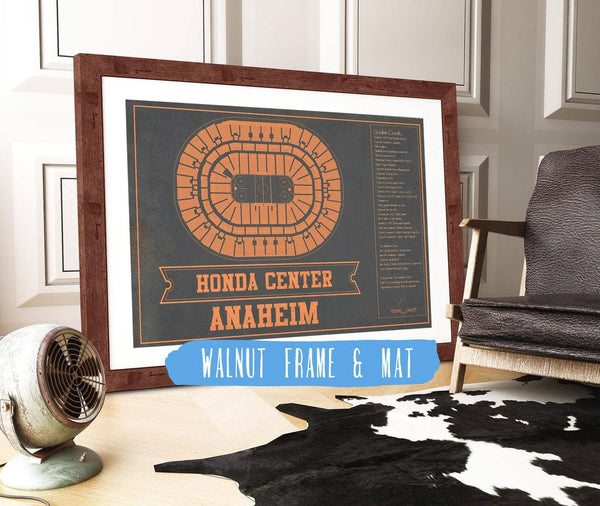20" x 16" / Walnut Frame & Mat Cutler West Anaheim Ducks Team Colors - Honda Center Vintage Hockey Blueprint NHL Print