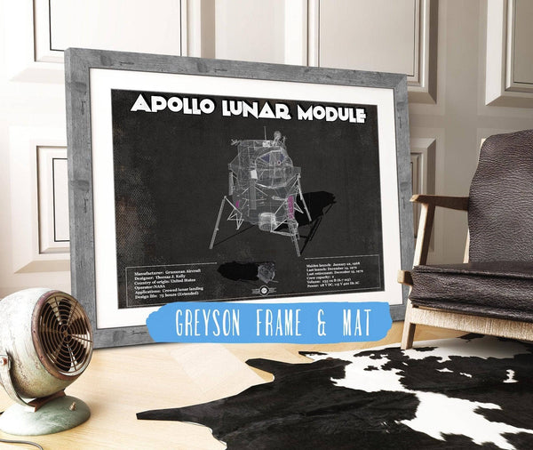 14" x 11" / Greyson Frame & Mat Cutler West Apollo Lunar Module (LEM) NASA Aviation Blueprint Print