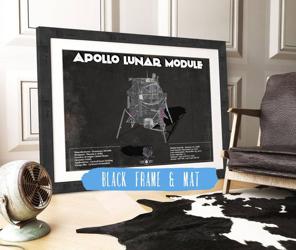 20" x 16" / Black Frame & Mat Cutler West Apollo Lunar Module (LEM) NASA Aviation Blueprint Print