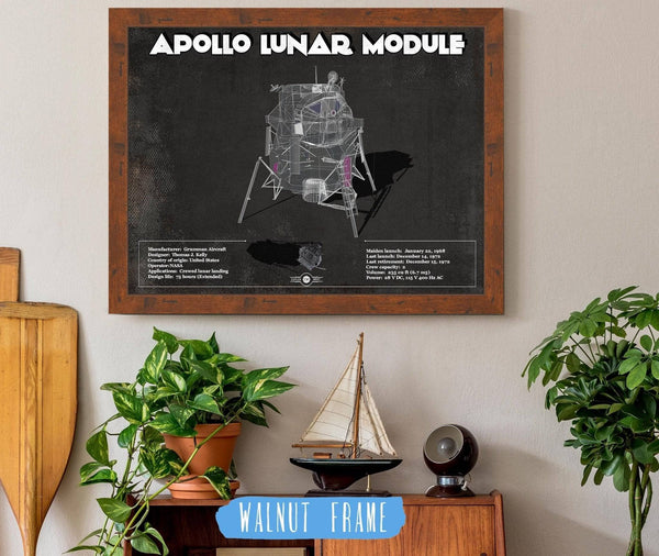 20" x 16" / Walnut Frame Cutler West Apollo Lunar Module (LEM) NASA Aviation Blueprint Print