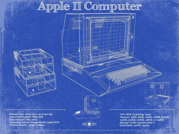 14" x 11" / Unframed Cutler West Apple II Computer Vintage Blueprint Art